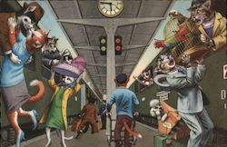 Dressed Cats and Departing Trains Postcard