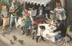 Dining Cats with Flying Birds Postcard