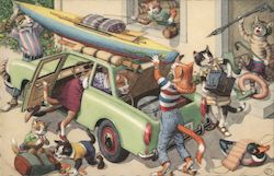 Cat Family Loading the Car, Camping Trip Postcard