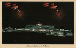 Chicago Museum of Science & Industry, Illuminated at Night, with fireworks exploding overhead Illinois Postcard Postcard Postcard