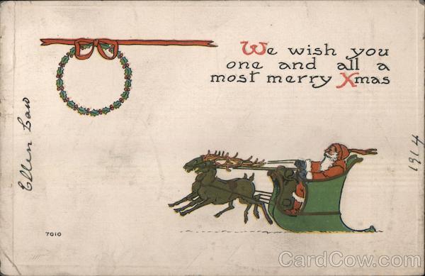 Santa in His Sleigh Being Pulled by Reindeer Santa Claus