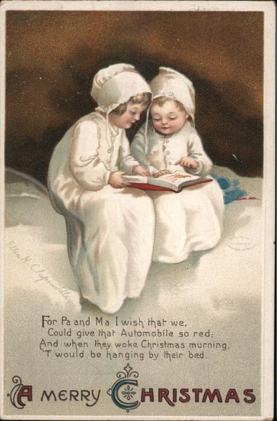 Two Children Reading Book: A Merry Christmas Ellen Clapsaddle
