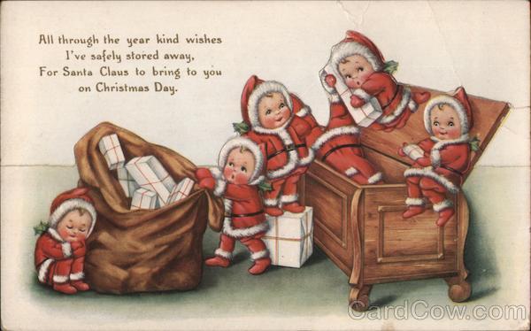 Several Young Children in Christmas Clothes Pulling Presents out of a Bag