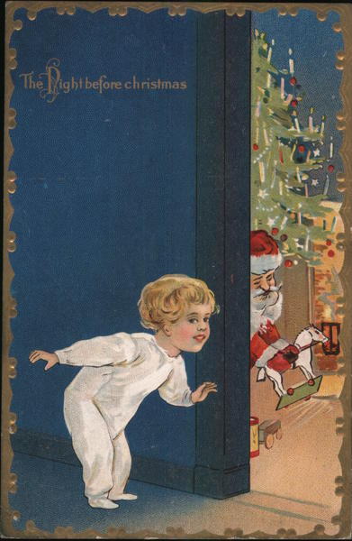 The Night Before Christmas - A Child Peeks As Santa Puts Presents Under the tree