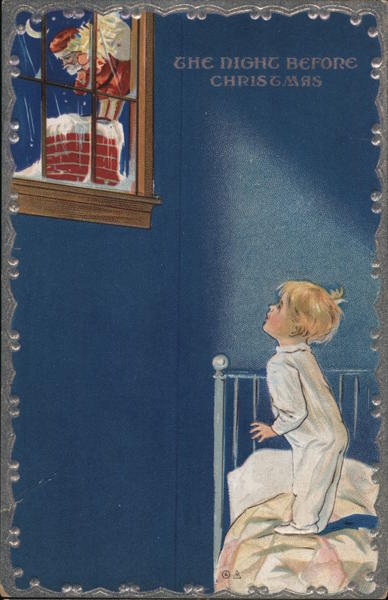 The Night Before Christmas - A Child Watches out a Window as Santa Goes Down the Chimney
