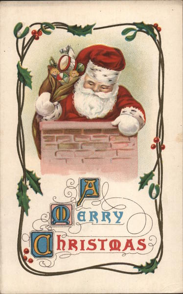 A Merry Christmas-Santa going down a chimney. Santa Claus