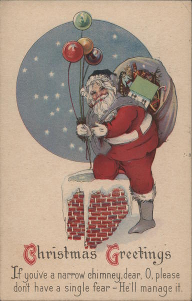 Christmas Greetings - Santa Going Down a Chimney Santa Claus