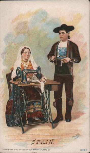 Spain A Woman Sitting Behind a Singer Sewing Machine