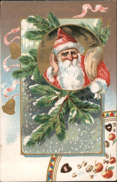 Posing Santa with Ribbon Bells and Cherries Santa Claus