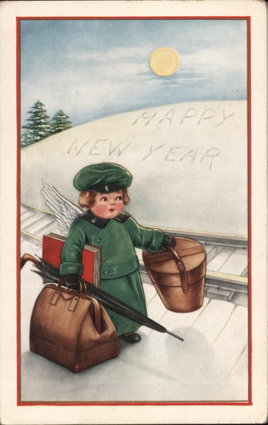 Happy New Year - An Angel with a Suitcase, Umbrella and Book