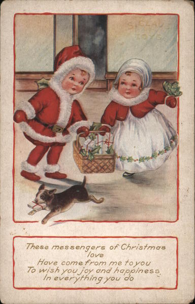 Two Children in Christmas Clothes Carrying a Basket