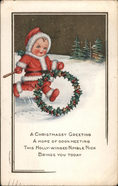 Vintage American Christmas Postcard with Christmas Elf and Holly Hoop