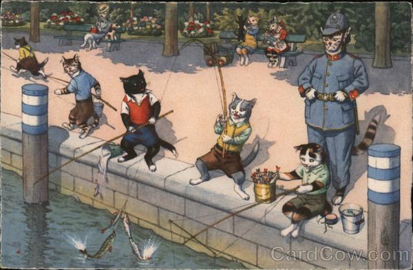 Young Cats in Clothing Fishing in front of a Police Cat