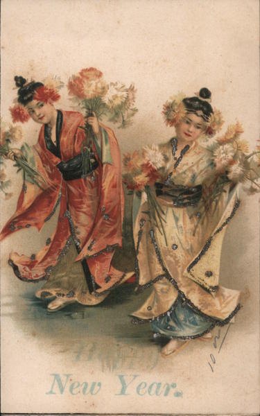 New Year - Two Women in Kimonos with Flowers Beautiful Ladies