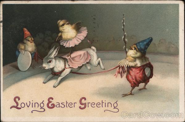 Loving Easter Greeting - Three Chicks Playing with a Bunny