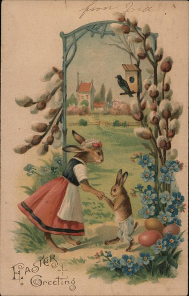 Easter Greeting - Two Bunnies Holding Hands With Bunnies