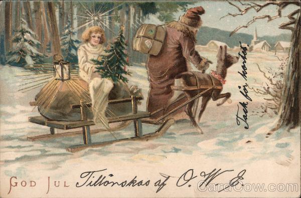 An Angel Holding a Christmas Tree Being Pulled on a Sled