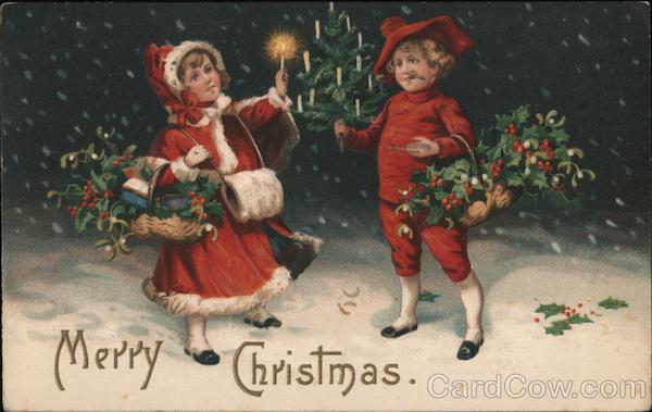 Merry Christmas - Two Children in the Snow Carrying Baskets
