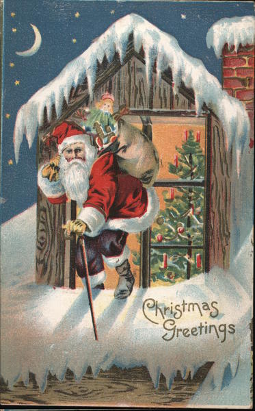 Christmas Greetings - Santa Climbing onto the Roof