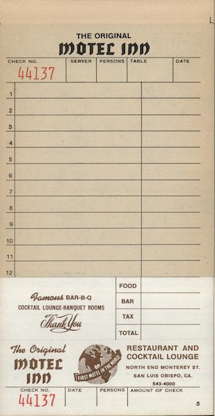 1960's Unused Original Motel Inn Restaurant Check San Luis Obispo California