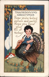 Thanksgiving Greetings - A Boy Riding a Turkey Postcard