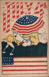 July 4th -- Boy with lit firecracker sneaks up behind a couple under a stars-and-stripes umbrella Postcard