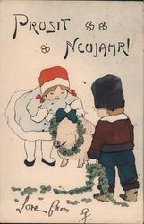 Prosit Neujahr: Children Putting Wreath Around Pig Postcard