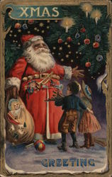 Xmas - Santa Greeting Two Young Children Postcard