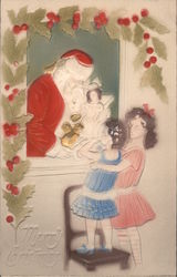 Merry Christmas - Santa Talking to Two Girls Through a Window Postcard