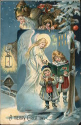 A Merry Christmas, Santa in Brown, Angel, Children Postcard