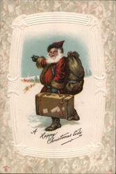 A HAPPY CHRISTMAS TIDE - OLD WORLD SANTA CLAUS WITH SUITCASE Postcard