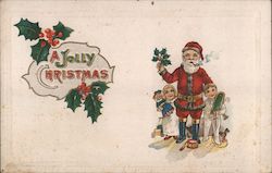 A Jolly Christmas - Santa with Two Children Postcard