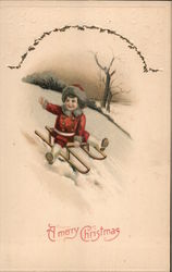 A Merry Christmas - A Child Sledding Down Hill Postcard