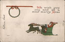 Santa in His Sleigh Being Pulled by Reindeer Postcard