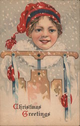 Christmas Greetings - A Girl Holding a Sled Postcard