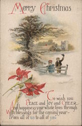 Merry Christmas - Two Kids Playing in the Snow Children Postcard Postcard Postcard