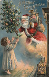 A Merry Christmas - Santa handing a Christmas Tree to a Little Girl Postcard