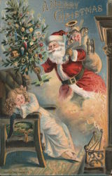 A Merry Christmas - Santa Delivery a Christmas Tree to a Sleeping Girl Santa Claus Postcard Postcard Postcard