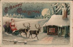 A Happy Christmas - Santa and Reindeer Pulling up to a House Postcard