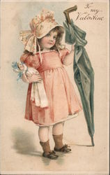 To My Valentine - A Girl Holding an Umbrella and a Doll Postcard