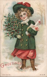 Little girl wearing a green coat and hat, and is holding holly branches. Postcard