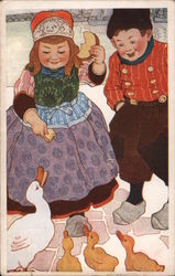 Dutch Children Feeding Apples to the Geese Postcard