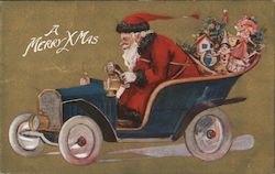 A Merry Xmas - Santa Driving a Car Full of Toys Postcard