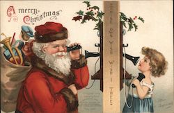 A Merry Christmas - Santa Talking to a Little Girl on the Phone Postcard