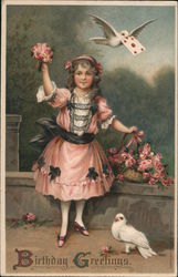 Girl In a Pink Dress With Flowers: Birthday Greetings Postcard