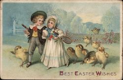 Best Easter Wishes - A Boy and Girl Followed by Chicks Postcard