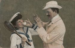 A Man Talking to a Woman Holding a Tennis Racket and Ball Postcard