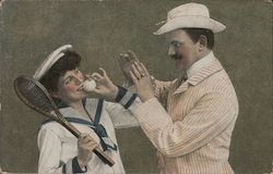 A Man Talking to a Woman Holding a Tennis Racket and Ball Postcard Postcard Postcard