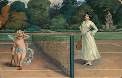 A Woman Playing Tennis with Cupid Postcard