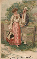 A Man and Woman Standing by a Wooden Fence Postcard